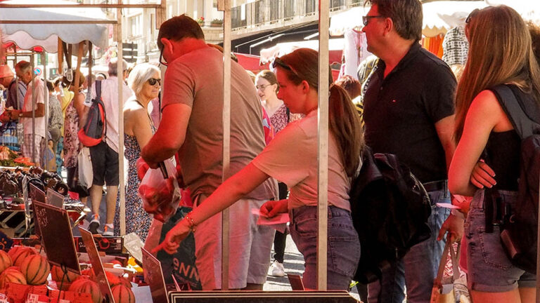 Student buying fresh fruits at a French market