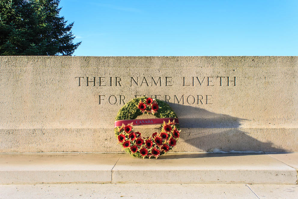 Wreath of poppy at a World War I monumnet in the Somme, France