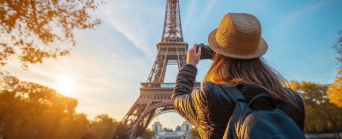 Student taking picture of Eiffel Tower, Paris