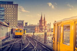 Panoramic view of Berliner U-Bahn with Oberbaum Bridge in the background
