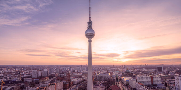 The Berlin TV Tower at sunset in Germany
