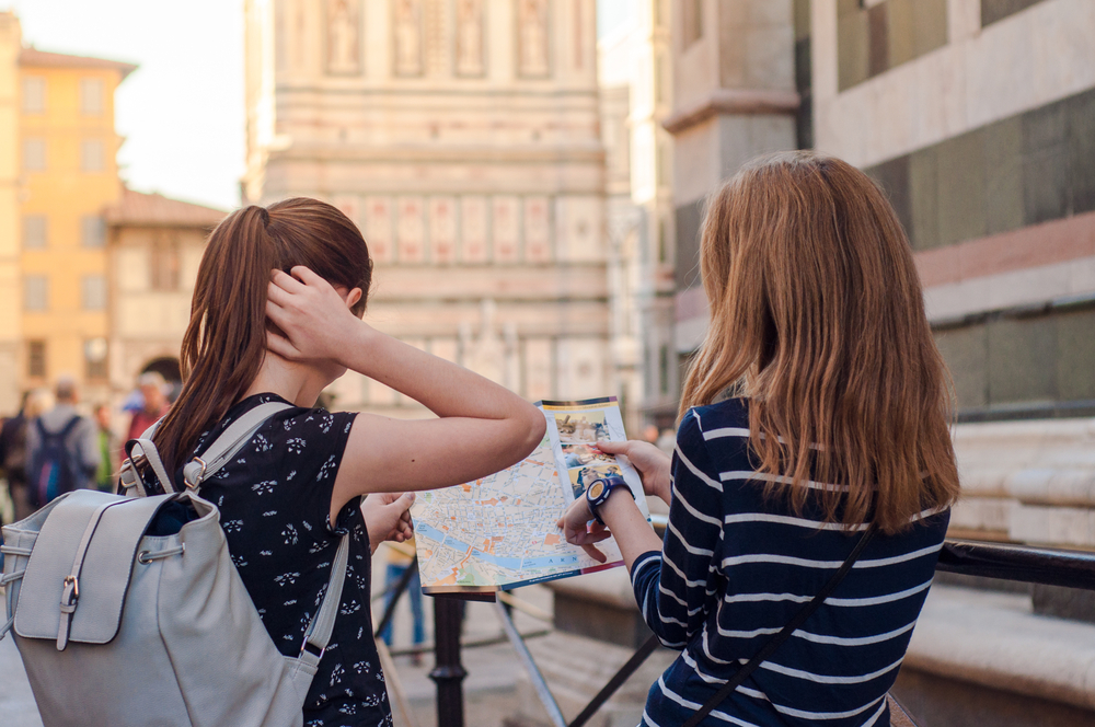 Students consulting a map