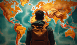 Student looking at world map