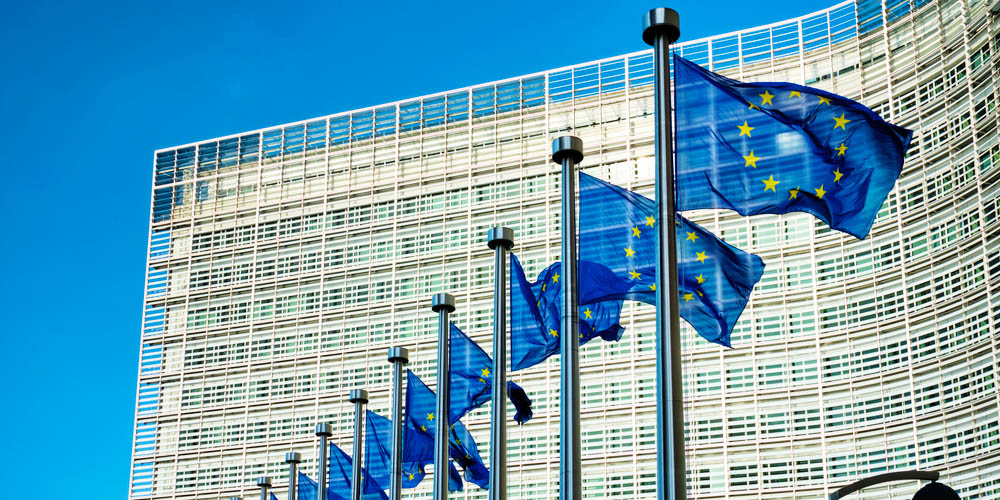 European EU flags in front of the Berlaymont building, headquarters of the European commission in Brussels