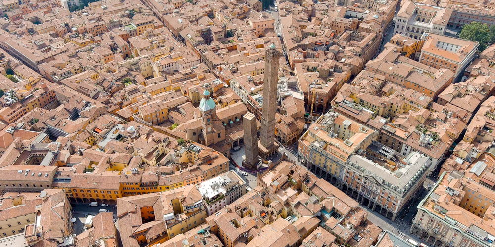 Aerial view of Bologna Old Town with the Two Towers in the centre