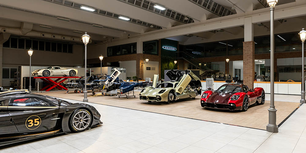 A selection of sports cars at the Pagani museum in Bologna, Italy