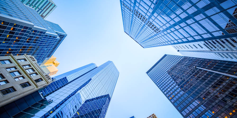 Up view in financial district, Manhattan, New York