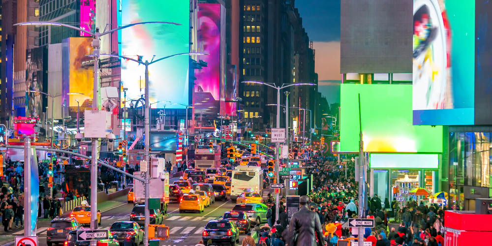 The neon lights of iconic Times Square in New York