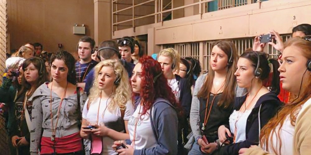 A school group on a tour of Alcatraz
