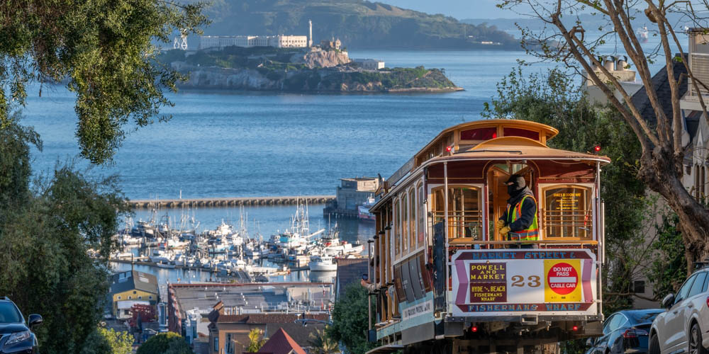 San Francisco cable car with Alcatraz in the background