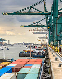 Loaded ships in the busy port of Antwerp