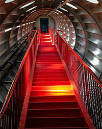 Red stairs inside the Atomium in Brussels