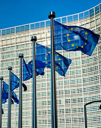European EU flags in front of the Berlaymont building, headquarters of the European commission in Brussels