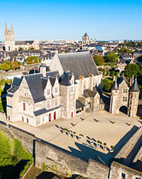 Aerial view of the Chateau d'Angers and city of Angers in the background