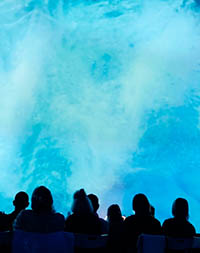 Group of people looking at a blue projection of space at modern planetarium