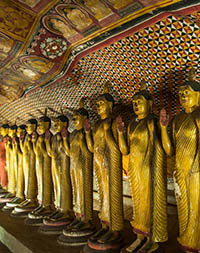 Golden Buddha statues in Dambulla Cave Temple, Sri Lanka
