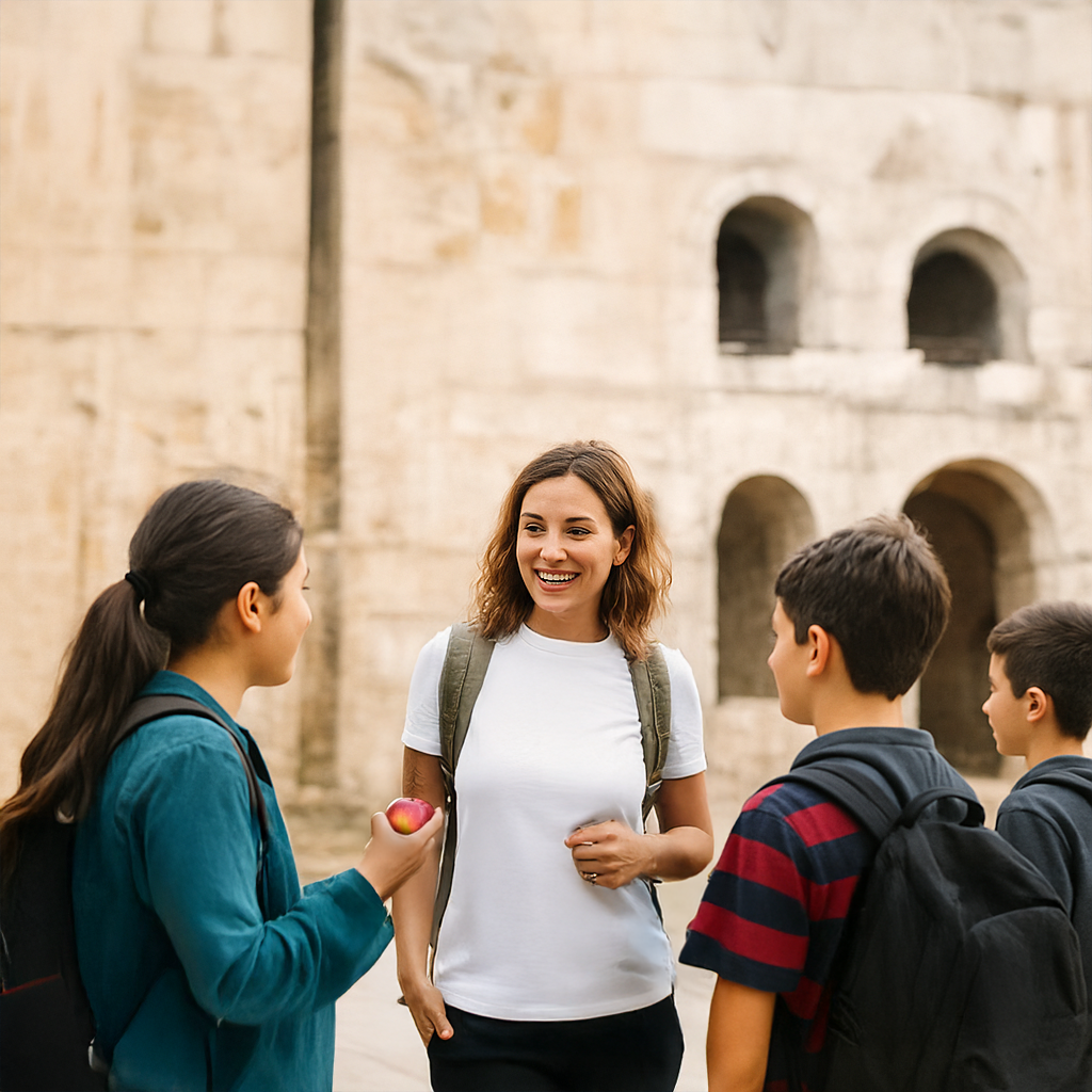A group of students chatting to their teacher by the colosseum