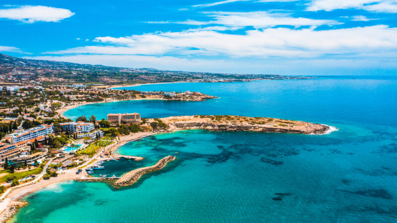 Aerial view of the blue sea and sandy beaches on the Cyprus coastline