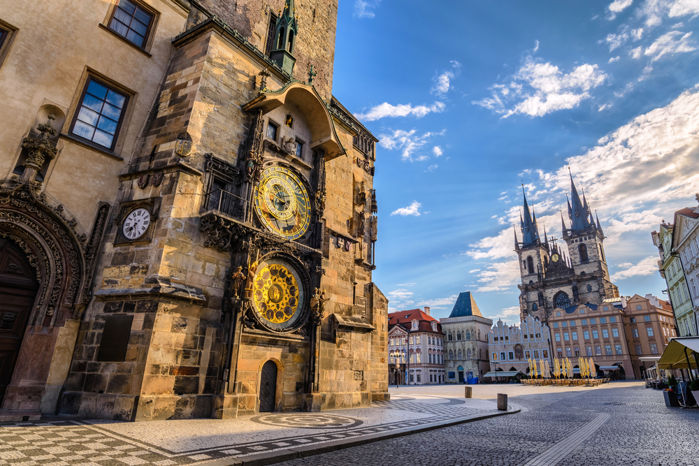 The astronomical clock in Prague touched by a ray of sunshine, Czechia