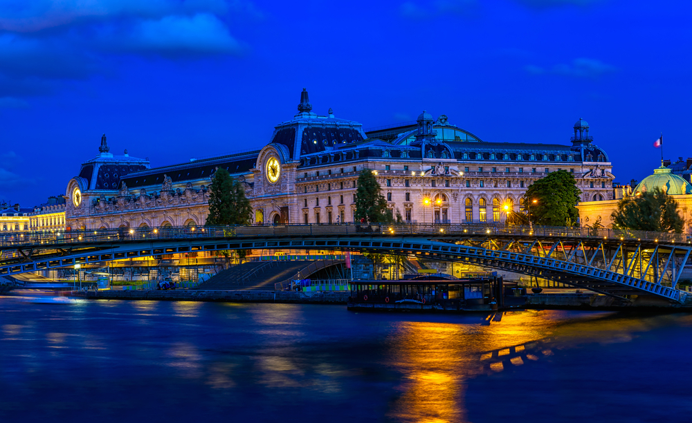 The Musee d'Orsay at night in Paris, France
