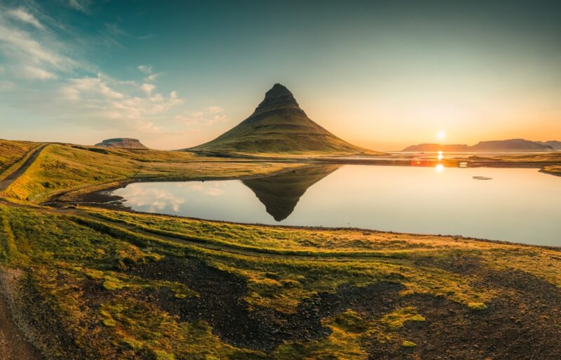 Kirkjufell volcanic mountain at sunset, Iceland