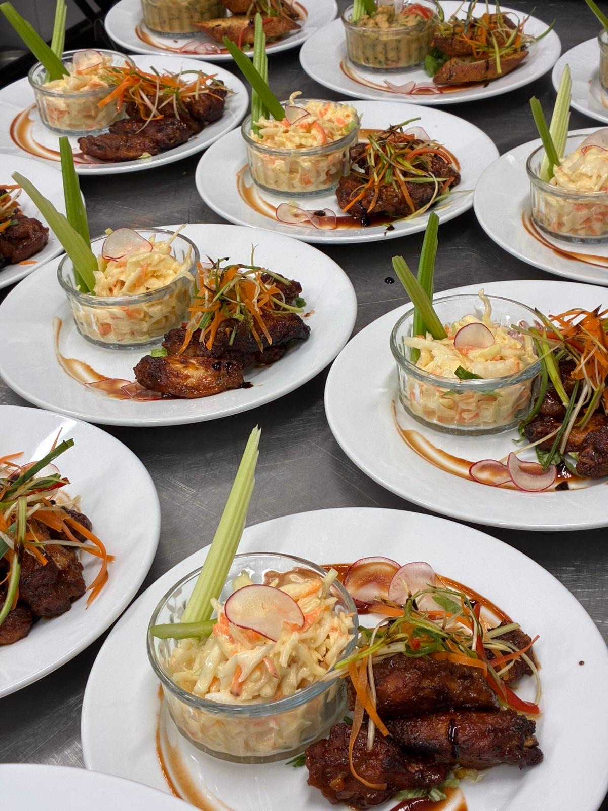 Plates of food for dinner at the Chateau du Molay