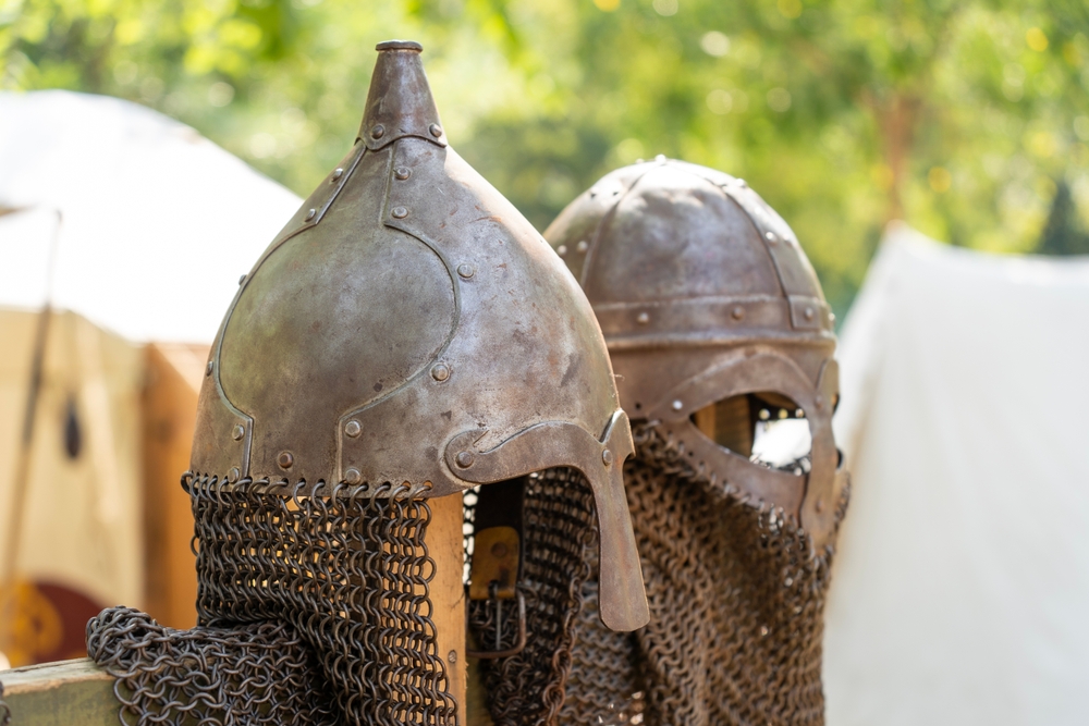 Medieval various Norman style helmets with chainmail
