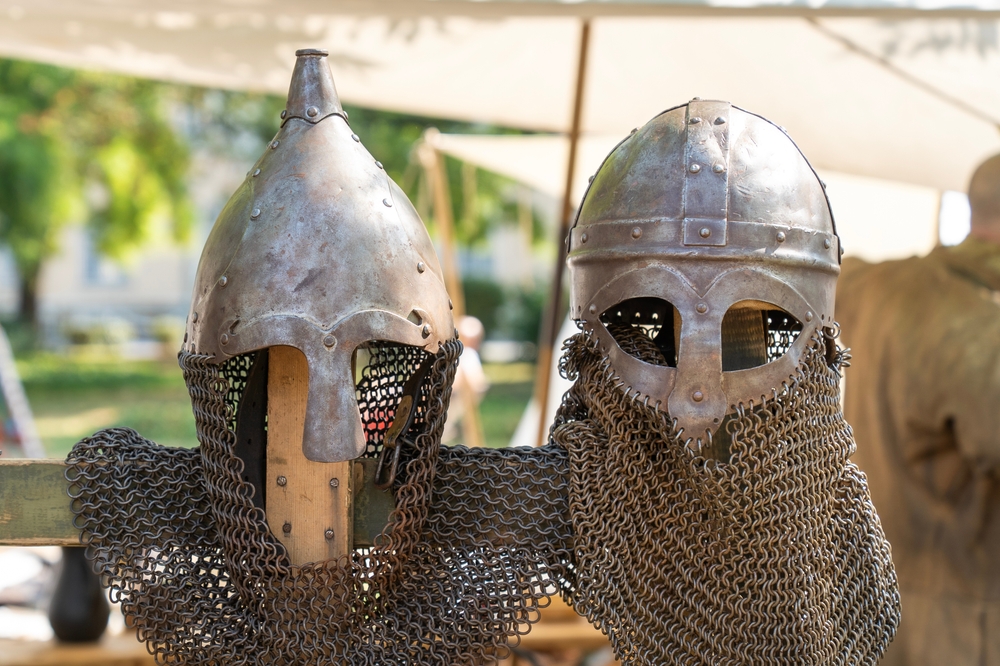 Medieval various Norman style helmets with chainmail