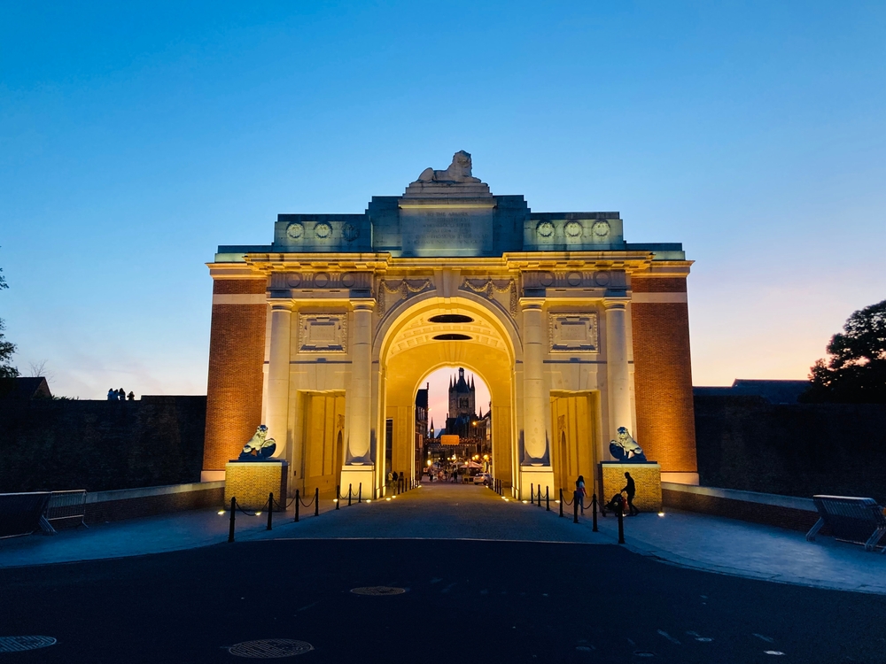 The menin Gate in Ypres, Belgium at sunset