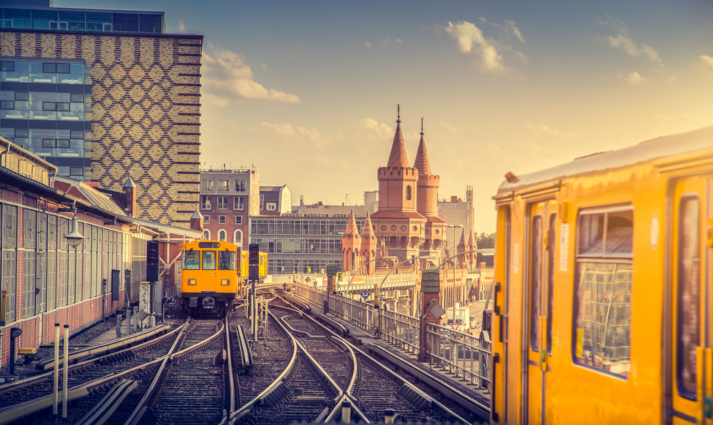 Panoramic view of Berliner U-Bahn with Oberbaum Bridge in the background