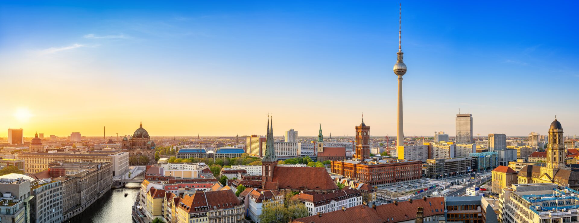 Panoramic view of Berlin and the TV tower in the golden light at sunset