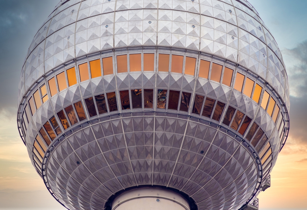 Close-up of the Berlin TV Tower at sunset in Germany