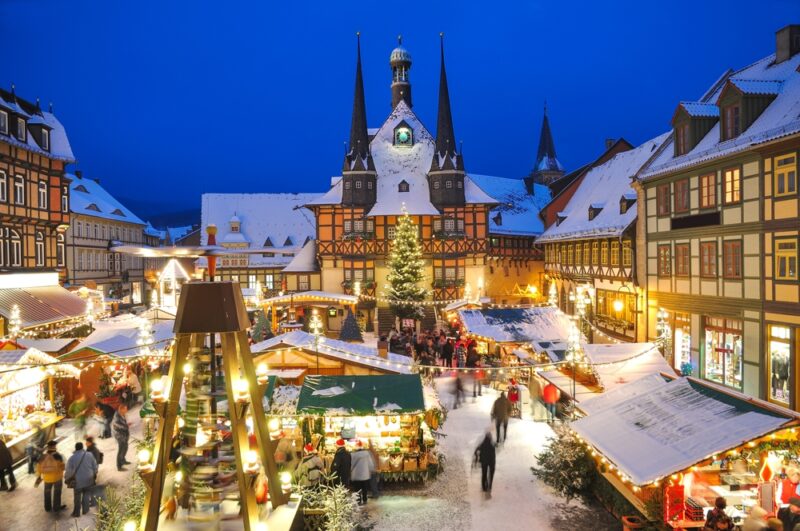 Christmas market lit up at night, Germany