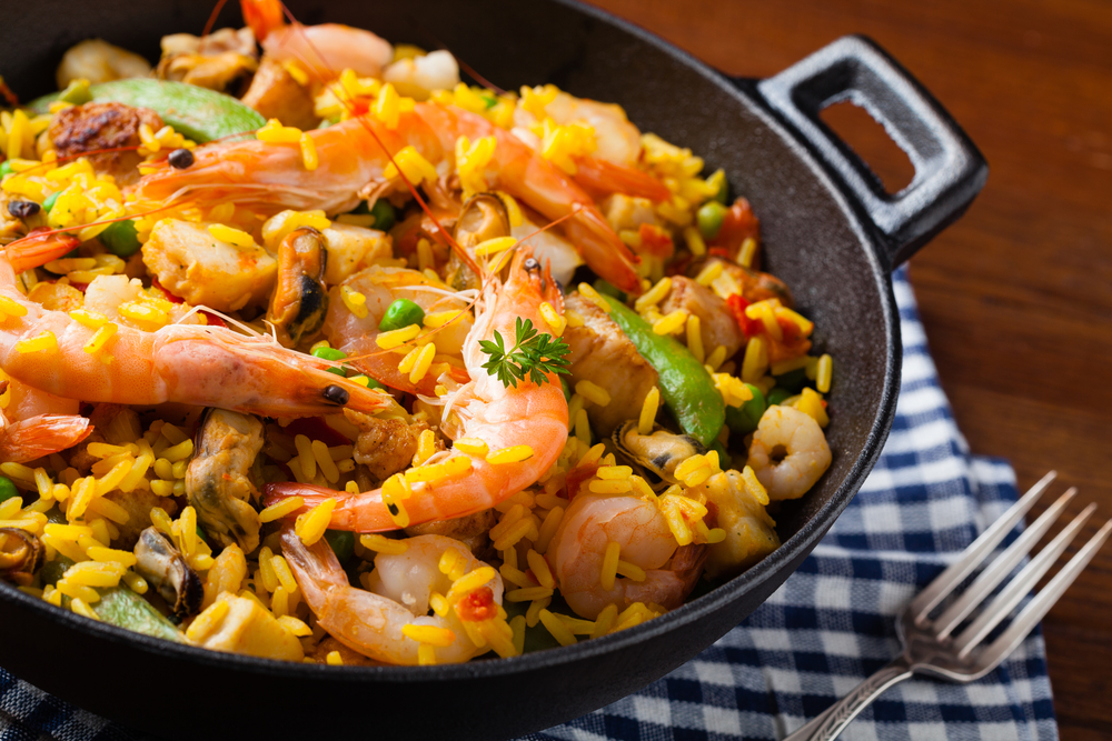 Traditional Spanish paella with seafood and chicken
