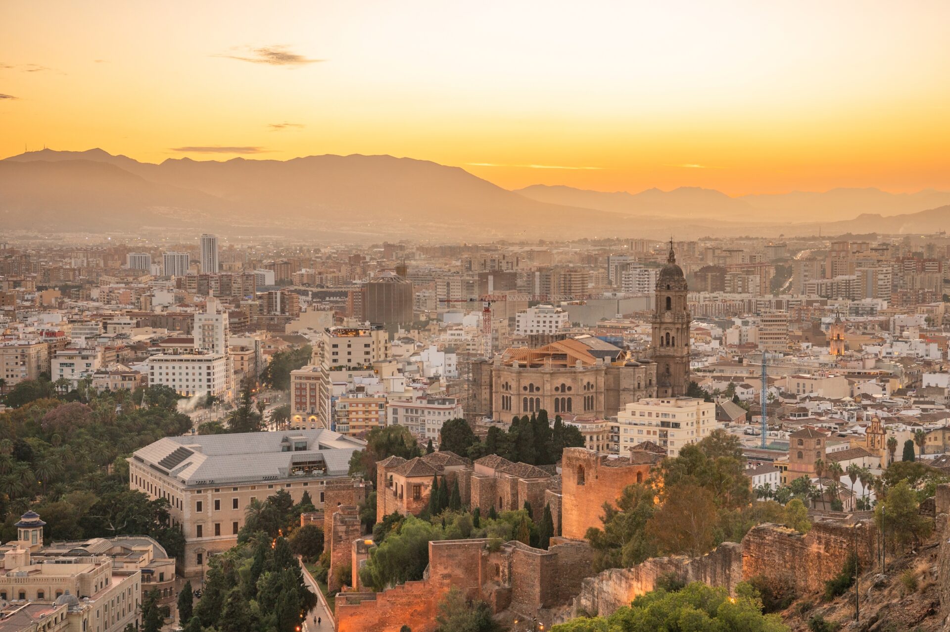 Aerial view of Malaga at sunset