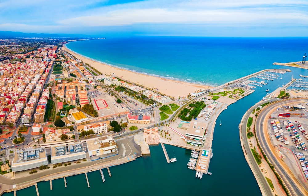 Aerial view of Valencia port and Malvarrosa Beach