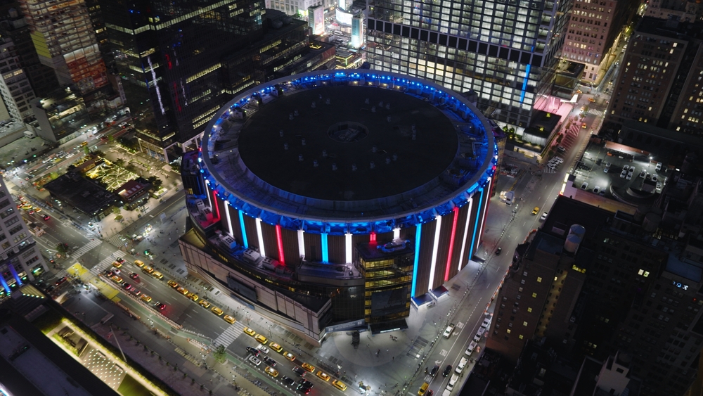 Aerial view of the Madison Square Gardens at night