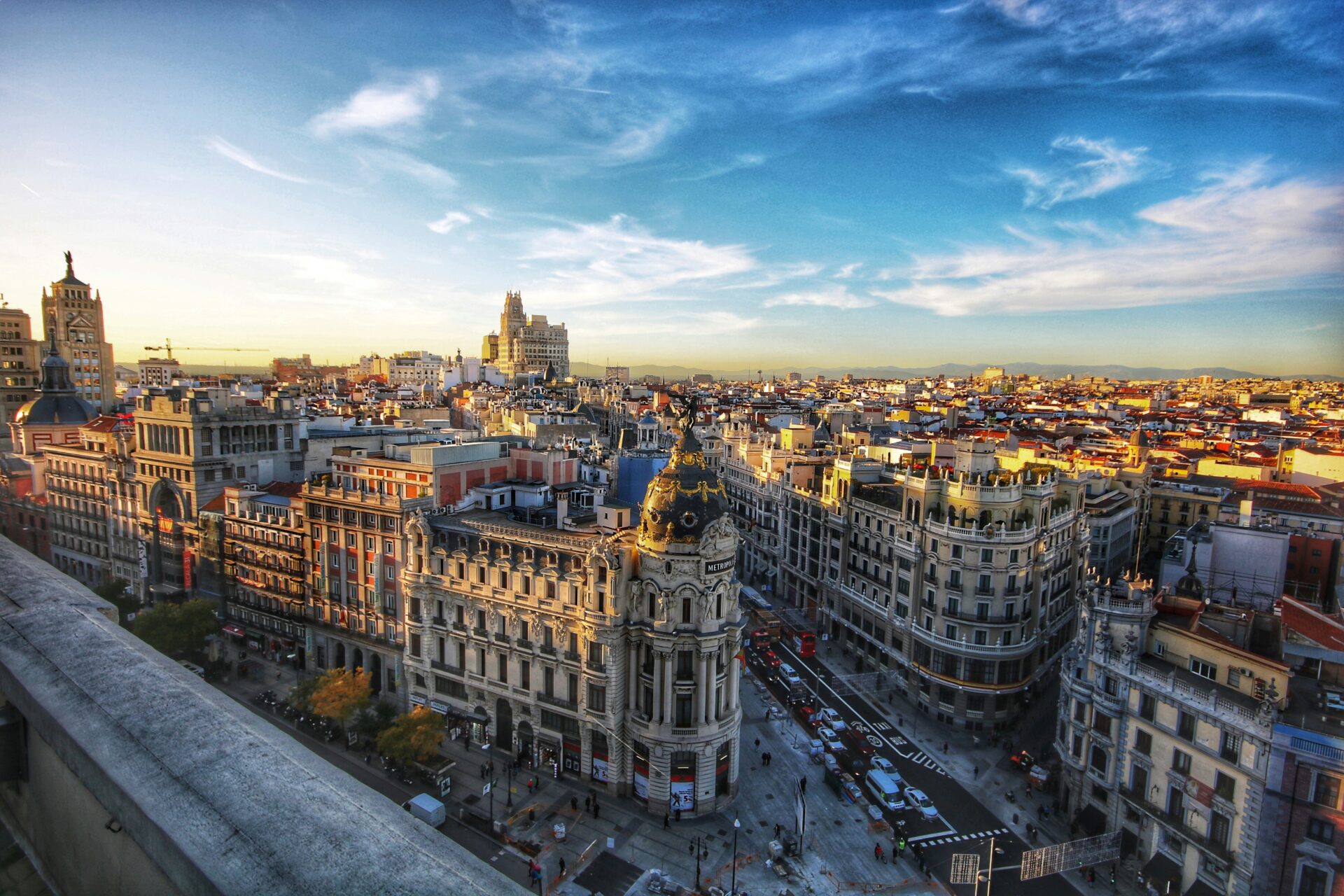 Aerial view of Gran Via and Madrid city