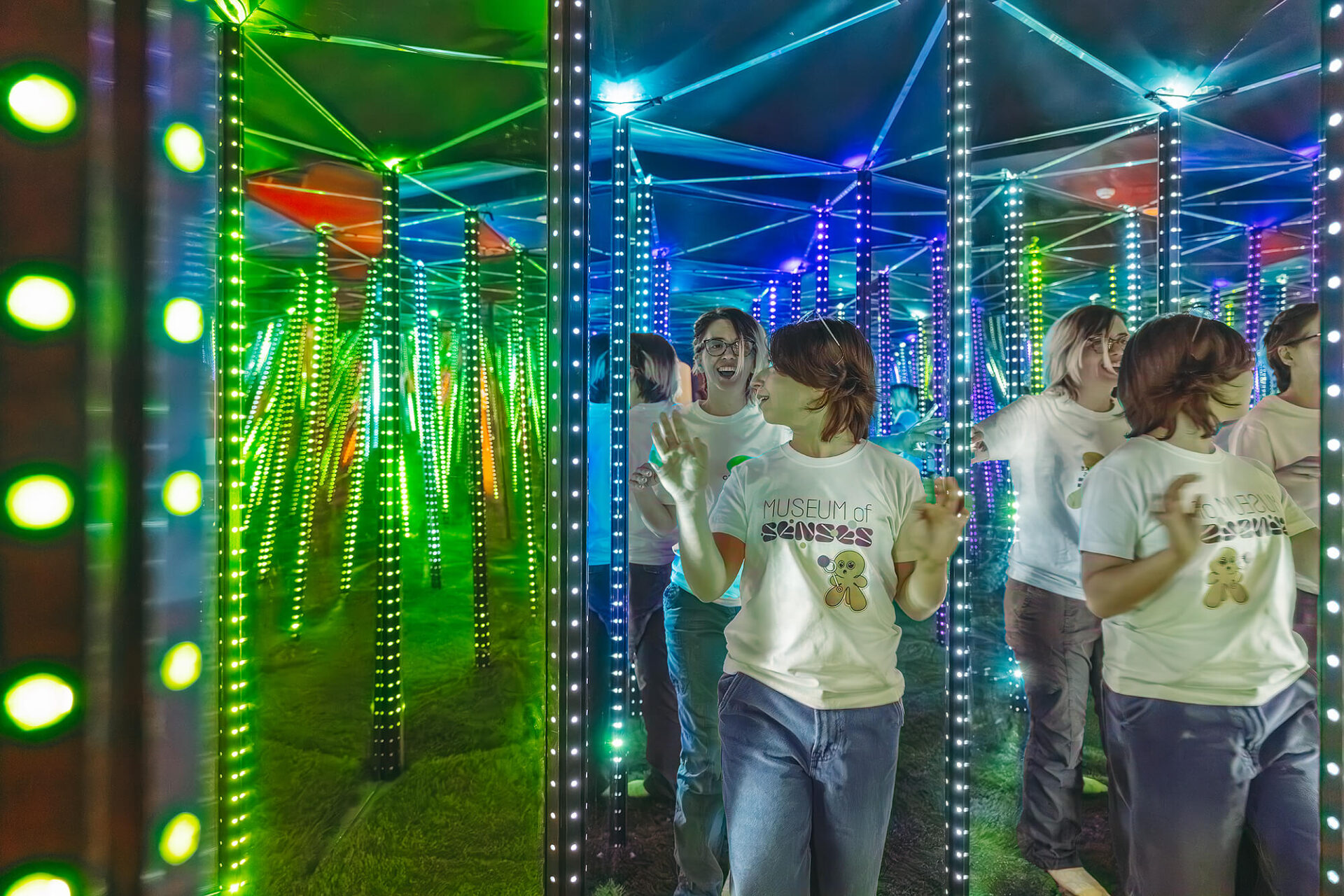 Students in the mirror maze at the Museum of Senses in Madrid