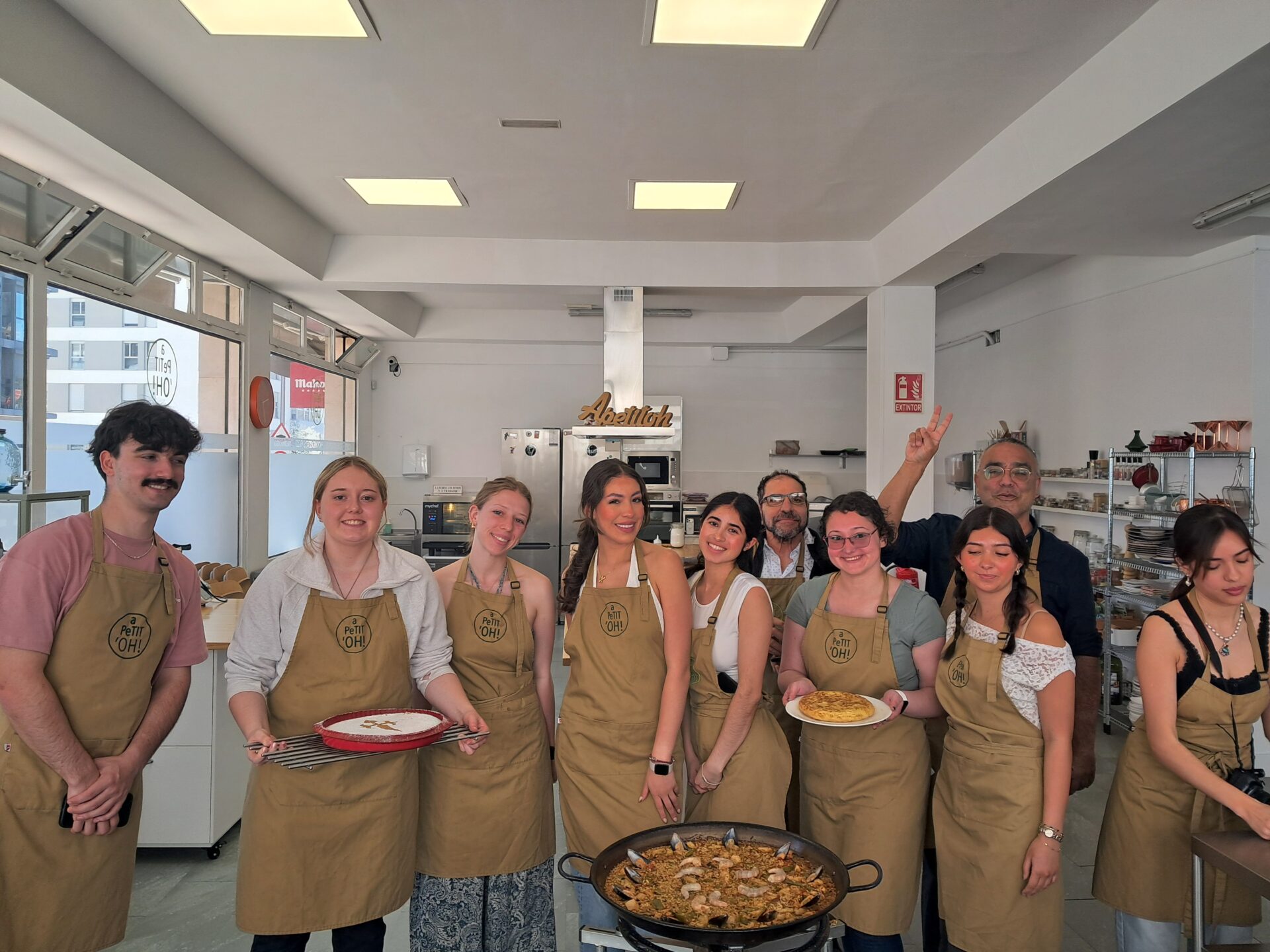 Student group at a Paella cooking class, Madrid
