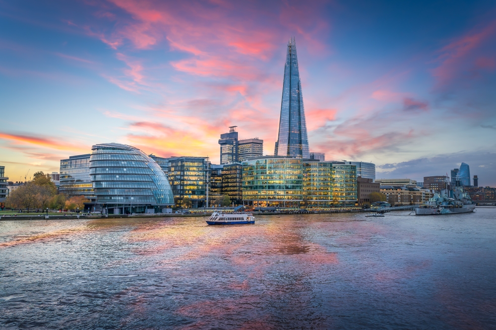 View over the Shard and financial district from the Thames bank at sunset, London