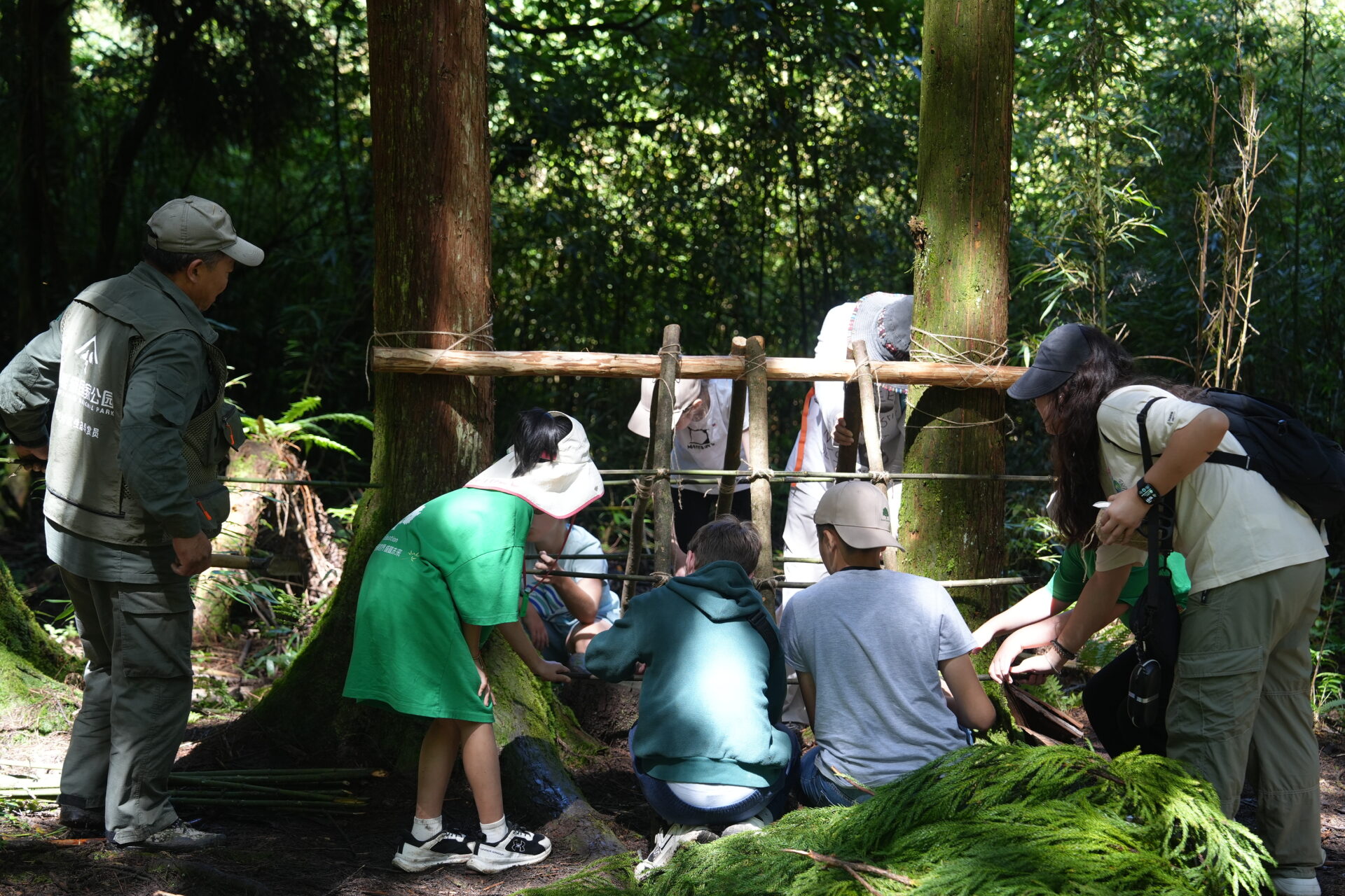 Students looking at a panda shelter in Chengdu, China