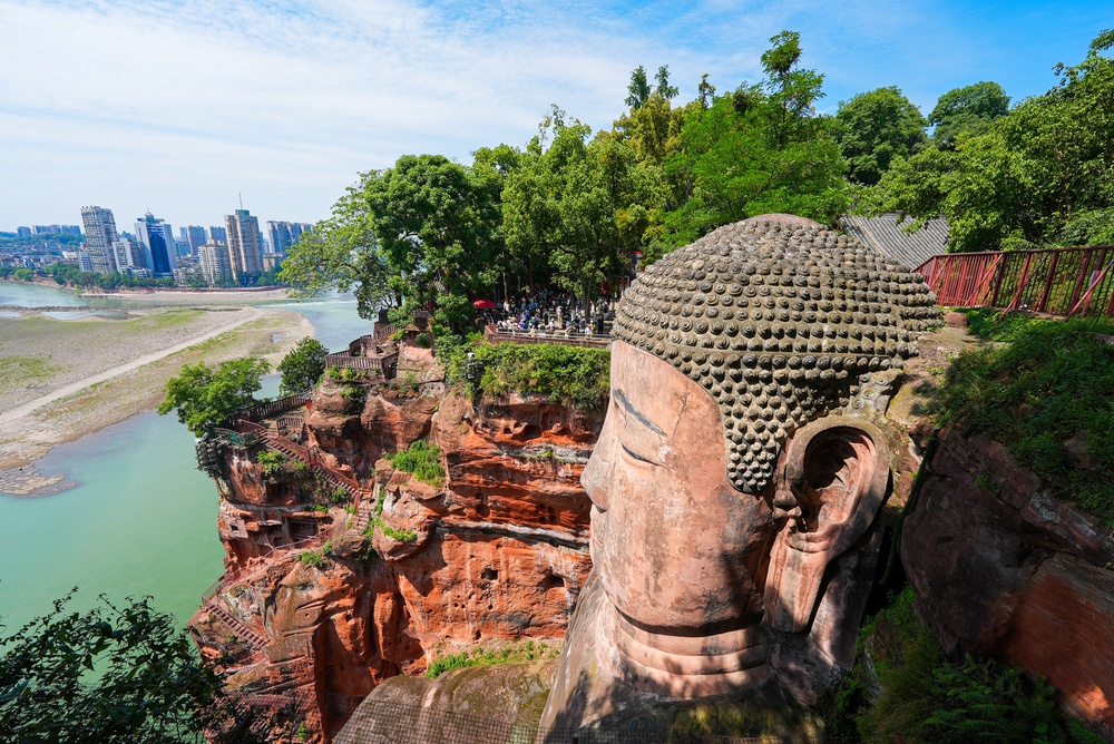 Aerial view of leshan Giant Buddha, China