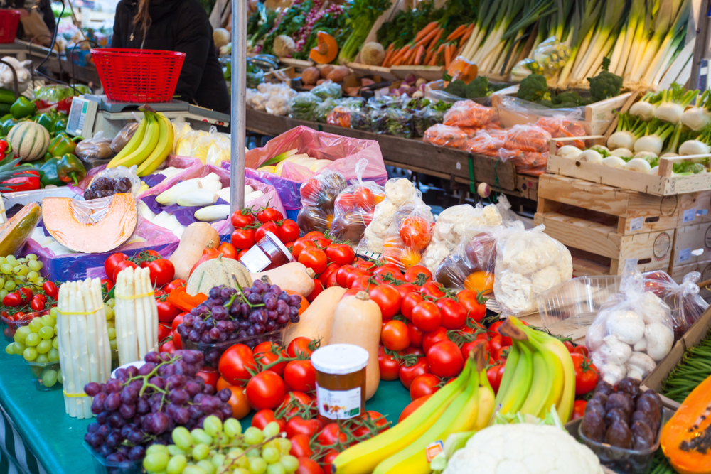 Range of fruits and vegetables at a French market
