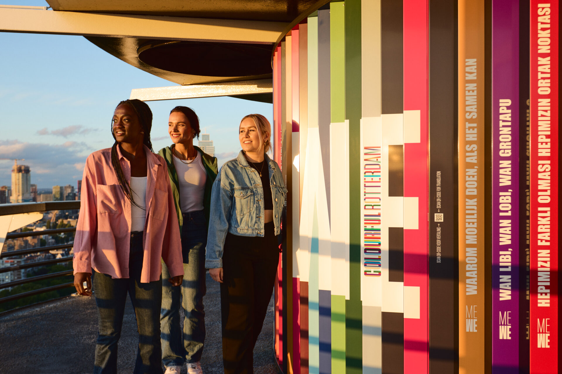 Students posing at the Euroscope tower in Rotterdam, Netherlands