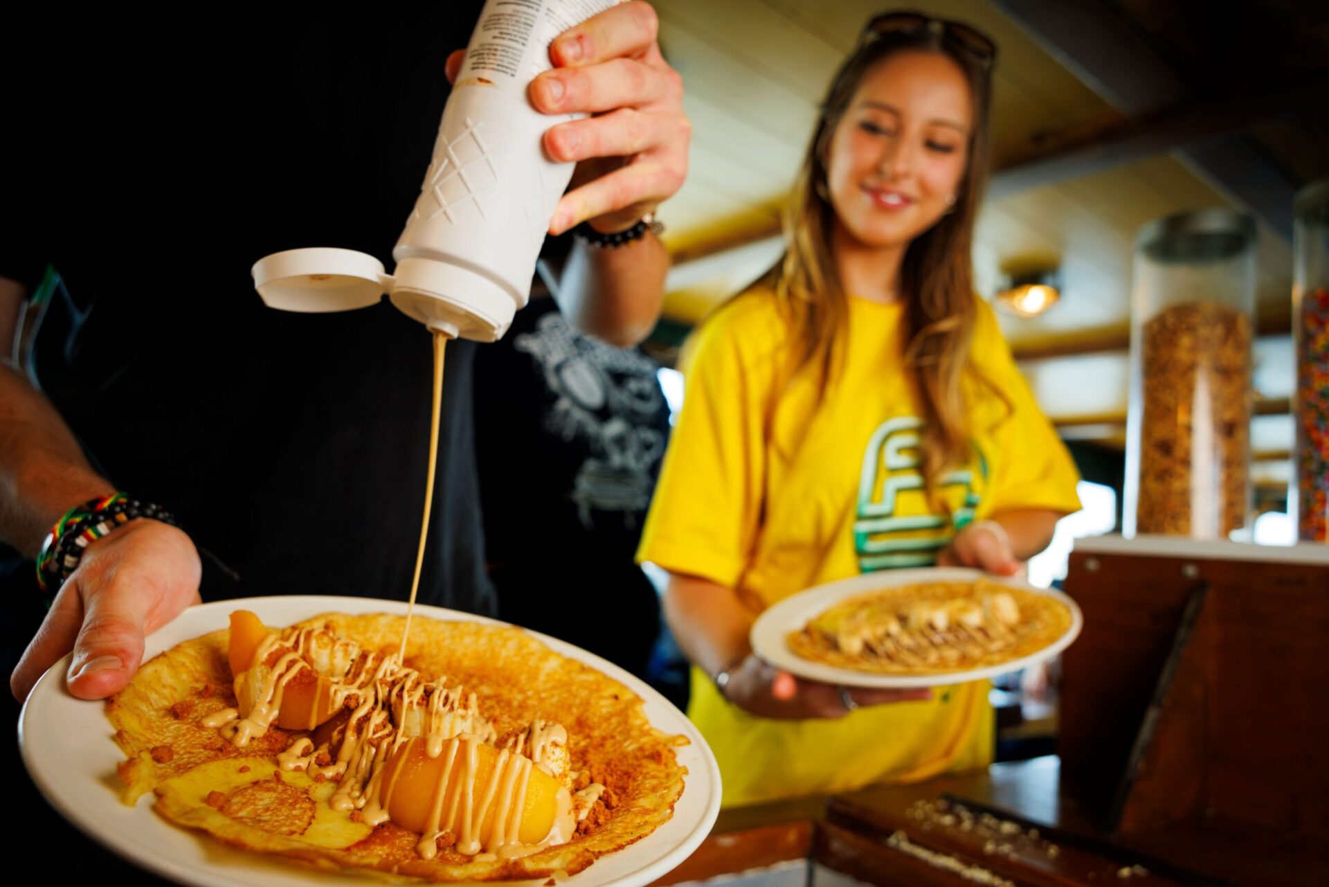 Students eating pancakes in the Pancake Boat in Rotterdam