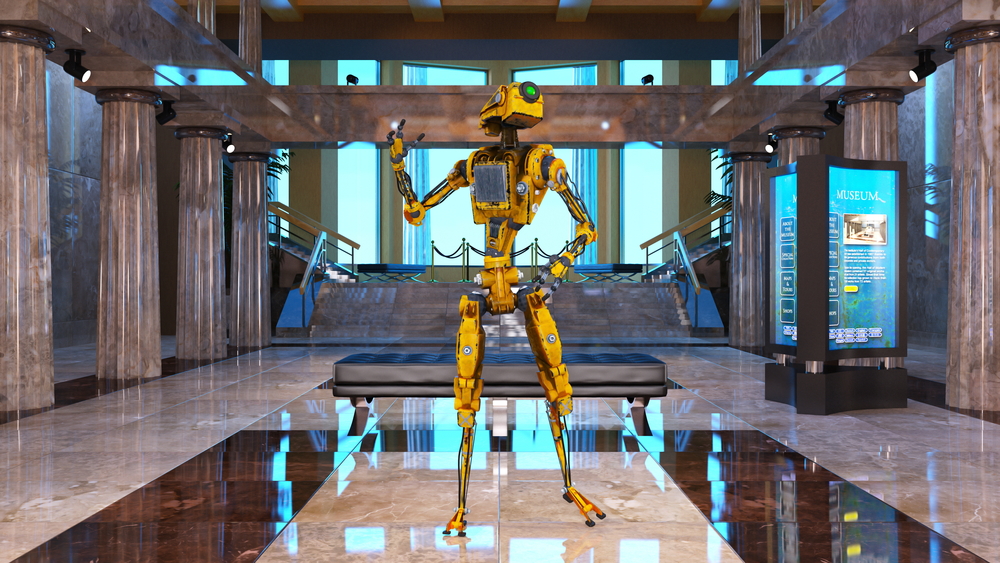 Yellow robot with arms and legs in a museum in South Korea