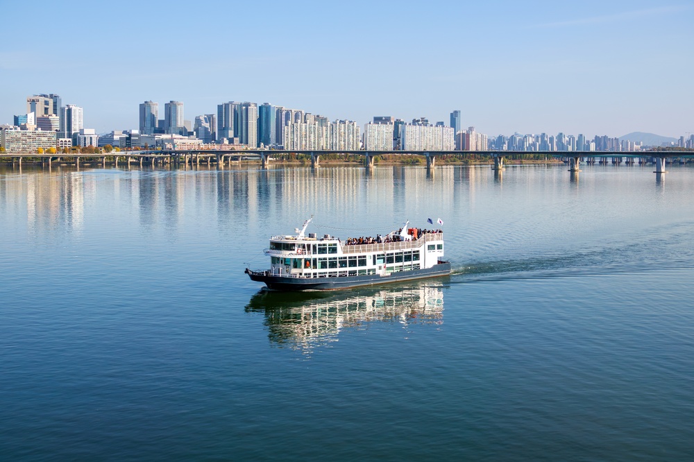 Han River cruise with the Seoul skyline in the background, South Korea