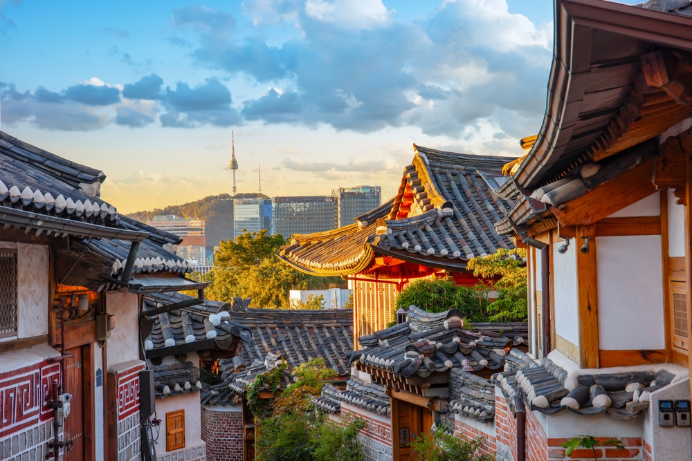 Sunset over Hanok folk village near Seoul