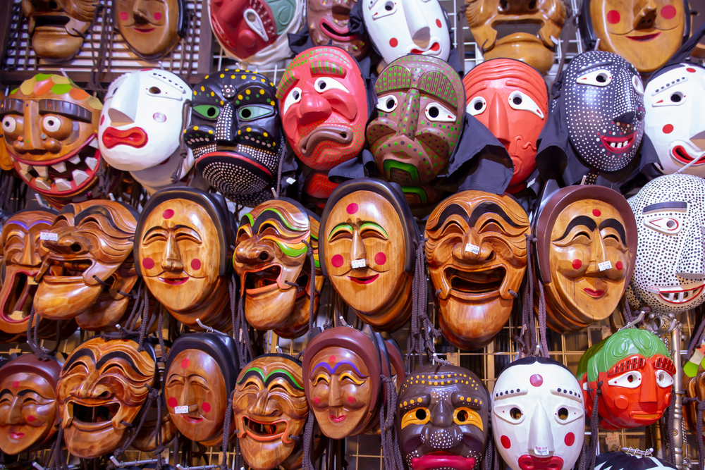 Traditional Hahoe masks in Insadong district in Seoul, South Korea